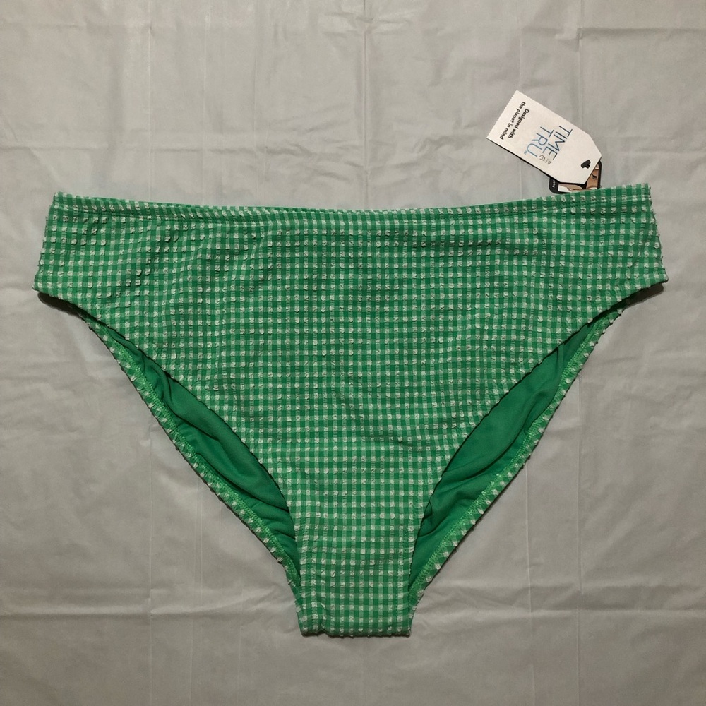 NWT Time and Tru Women’s Plus Mid-Rise Cheeky Green Gingham Bikini Bottom 2X - Picture 1 of 9